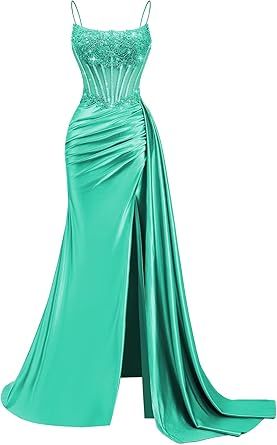 Beaded Satin Prom Dresses Long Mermaid Evening Dresses Lace Applique Corset Formal Party Gown with Slit Tail