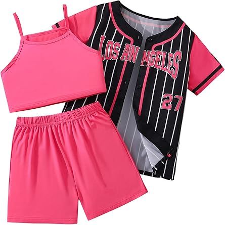 Hilinker Girls Graphic 3 Piece Outfits Short Sleeve Striped Cardigan and Crop Cami with Shorts Set