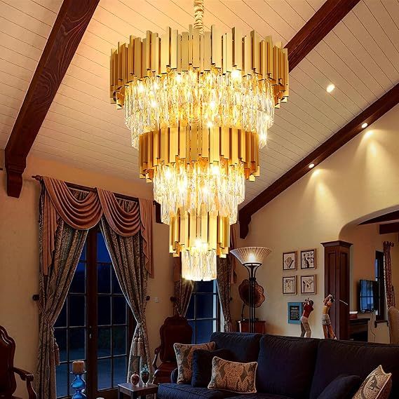 Modern Gold 5-Tier Chandelier Lighting Luxury Long Staircase K9 Crystal Chandeliers Large Foyer Villa Entrance Chandeliers for High Ceiling