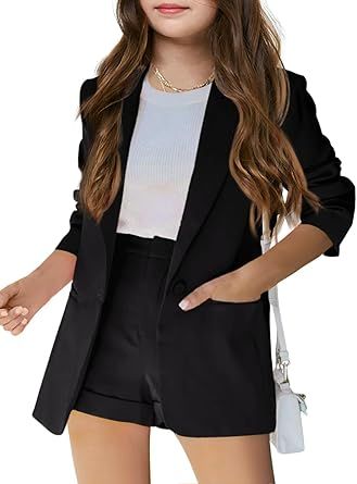 Batermoon Girls 2 Piece Outfits Button Front Long Sleeve Blazer and Short Pants Suit Sets 4-14 Years
