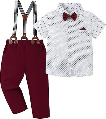DISAUR Boy Suits Boys Wedding Outfit Dress Shirt with Bowtie/Suspender Pants for Formal Occasion 6-10 Years