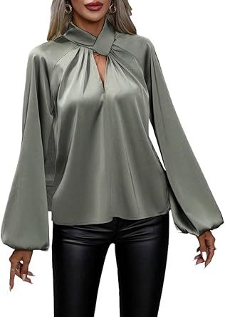 Elegant Solid Color Lantern Sleeve Blouse Womens Casual Business Fashion Tops