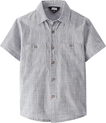 JOGAL Boys Chambray Shirts Short Sleeve Button Down Casual Cotton Woven Shirt with Two Pockets for Kids 6-14 Years