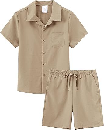 MoFiz Boy's Short 2 Pieces Set Casual Beach Outfits Button Down Shirts Shorts Vacation Texture Sets Kids 6-16 Years