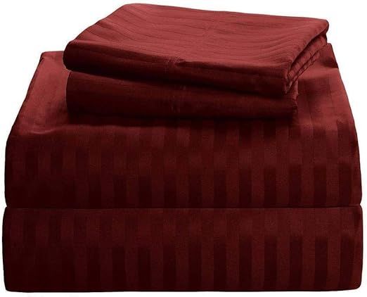 True Luxury Pure Heavy Rich Supima ELS Cotton 4-Piece Bed Sheets Set Full Size Fits mattresses Upto 30-34” deep Pocket – Sateen Weave (Stripe, Burgundy)