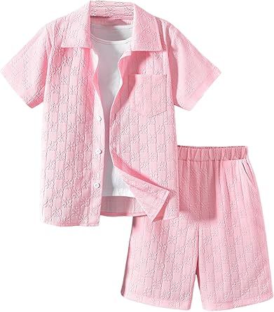 Boy's 2 Piece Beach Vacation Textured Linen Outfit Short Sleeve Button Down Shirt Top and Shorts Summer Set