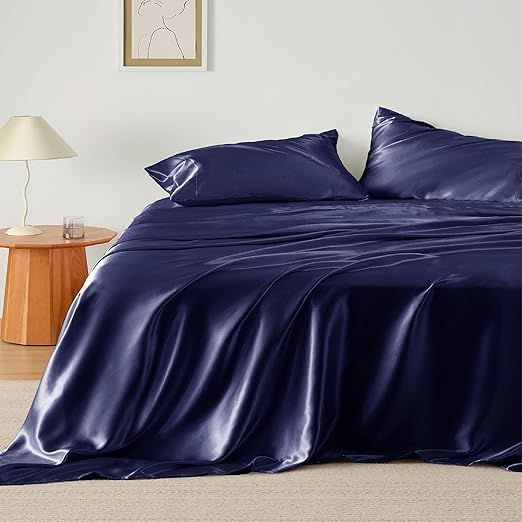 Twin XL Size 4-Piece Sheet Set Premium 30 Momme Mulberry Silk Bed Sheets Set Fits 23-26" Deep Pocket (Solid, Navy Blue)
