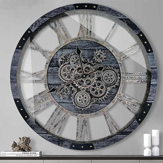 27 Inch Moving Gear Wall Clock, Oversized Wall Clocks, Clock Living Room Decor, Solid Wood Frame, Battery Operated, Large Wall Clock with Steampunk Industrial for Fireplace(Gray)