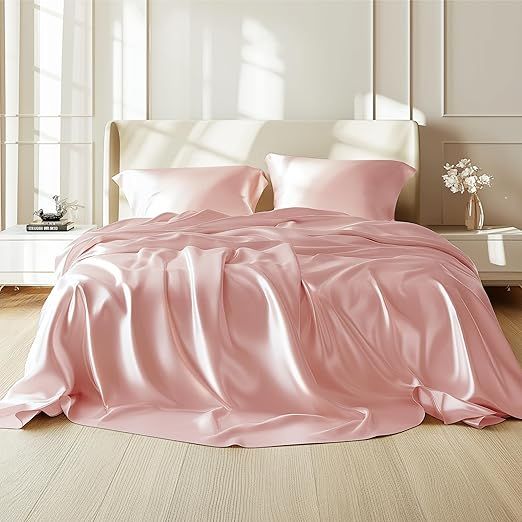 Twin XL Size 4-Piece Sheet Set Premium 30 Momme Mulberry Silk Bed Sheets Set Fits 23-26" Deep Pocket (Solid, Light Pink)