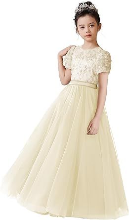 dideyttawl Flower Girls Dress 3D Embroidery Lace Appliqued Puff Tulle Satin Bow High-Waisted Maxi Dress 754T