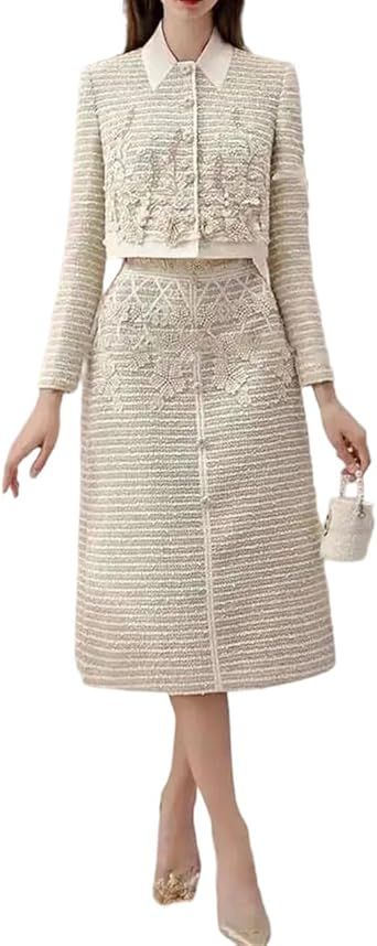 Women's Elegant 2 Set Flower Contrast Color Short Top A-Line Skirt Tweed Evening Party Suit