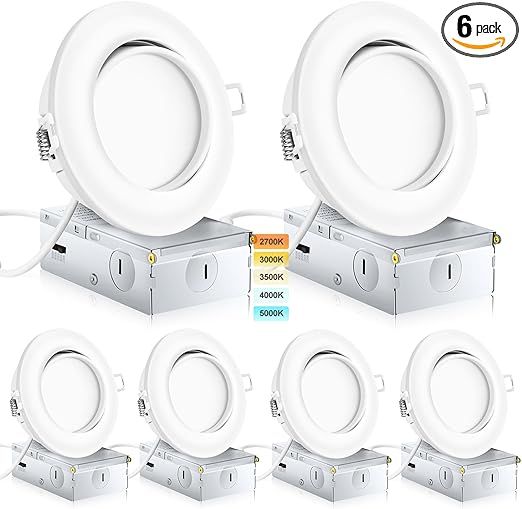 KnLnny Ware 4 Inch Gimbal Led Recessed Lighting 6 Pack,Ajustable Eyeball Ceiling Light with Junction Box,5CCT Selectable,Airtight,9W 750LM,Dimmable,ETL Listed