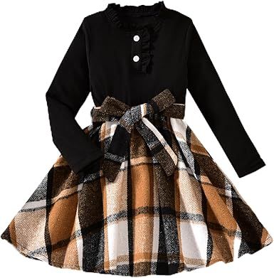 HINTINA Toddler Girls Dresses Long Sleeve Rib Knit Patchwork Belted Dress with Hat
