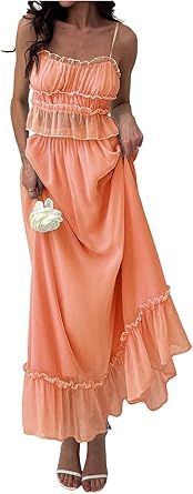 SOLY HUX Women's Skirt Sets 2 Piece Outfits Contrast Trim Ruffle Hem Cami Tops and Maxi Skirt Vacation Set