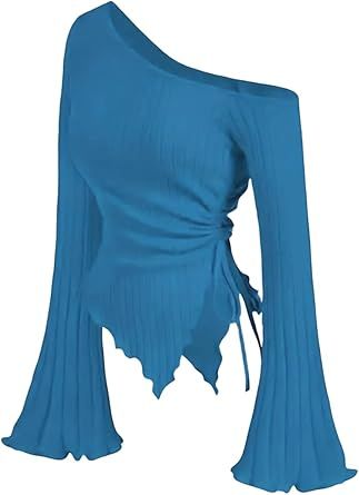 Women's Spring and Summer Solid Color Off-Shoulder Cross Long Sleeve Slim Street Asymmetrical Elegant Bell Sleeve Top