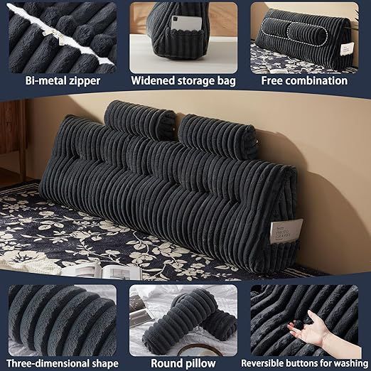 Faux Fur Headboard Pillow with 2 Pack Neck Roll Pillow Large Headboard Pillow Soft and Supportive with Removable Cover (Grey, King)