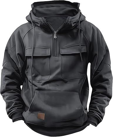Cargo Hoodies for Men Tactical Sweatshirt Quarter Zip Cargo Pullover Hoodies Workout Gym Men Fashion Outdoor Hoodie