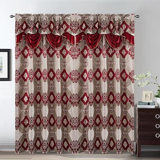 Petrichor Elegant Curtains with Gold Silver Threads 2 Panels Set - Luxury Window Treatment Attached Valance, Sheer Backing, and 2 Tie Backs for Bedroom and Living Room, 54x63 inches, Burgundy