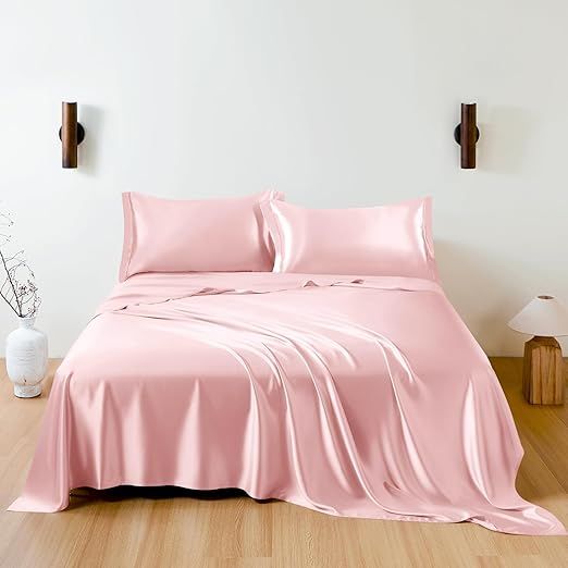 THXSILK 100% Mulberry Silk Sheet Set, 7A+ Silk Sheet Set Soft Breathable, Luxury Bedding (1 Flat Sheet, 1 Fitted Sheet, 2 Pillow Shams) Full, Charming Pink