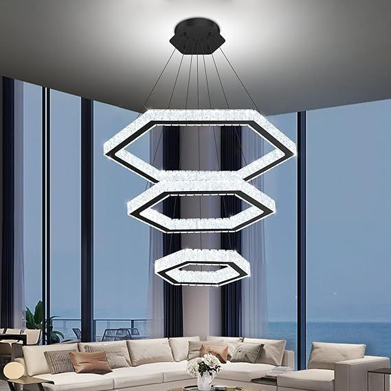 Modern LED Ring Crystal Chandelier Height Shape Adjustable Pendant Light for Dining Room Bedroom Living Room Dimmable Black 16in+24in+32in