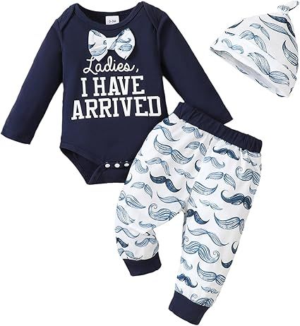 Baby Boy Clothes Infant Newborn Outfits Long Sleeve Letter Print Romper + Hat + Pants Set