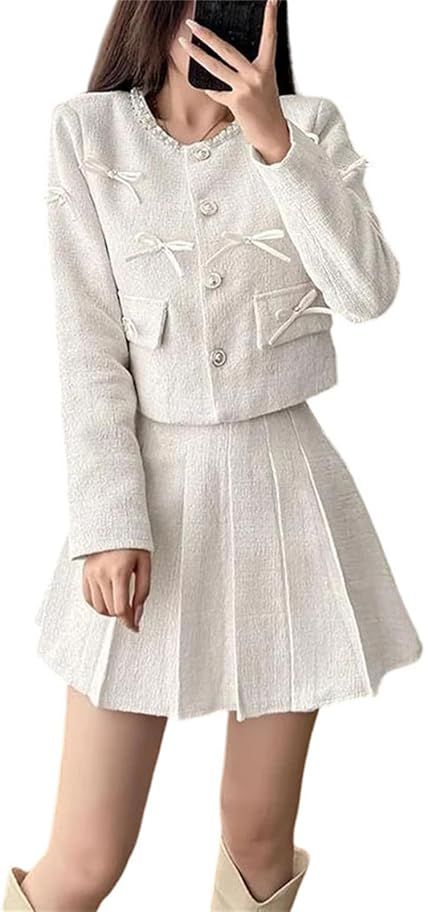 Women’s Classic Beaded Short Jacket and Pleated Skirt Two Piece Tweed Set Elegant Outfit Formal for Party or Office