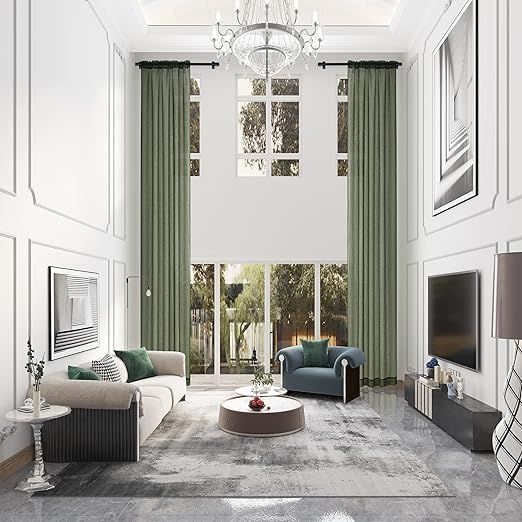 MASWOND Extra Long Semi Sheer Curtains 168 Inches Length for Living Room, Rod Pocket Elegant 2 Story Drapes Voile Textured for High Ceiling (Dark Green, W50 x L168, 1 Panel)