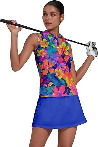 ACEGOLFS Women's Golf Shirts Sleeveless Collared Shirt for Women Quick Dry Button Up Tennis T-Shirt Printed Workout Tank Tops