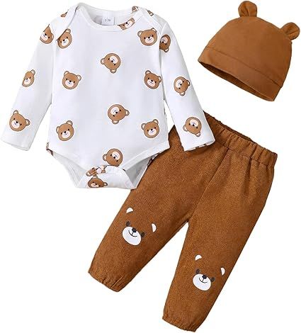 Baby Boy Clothes Infant Newborn Outfits Long Sleeve Letter Print Romper + Hat + Pants Set