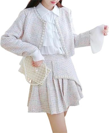 Women Beading Tweed 3 Piece Set Pearls Short Jacket Coat+Ruffles Chiffon Shirt+Mini Pleated Skirt Suit