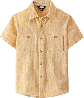 JOGAL Boys Chambray Shirts Short Sleeve Button Down Casual Cotton Woven Shirt with Two Pockets for Kids 6-14 Years