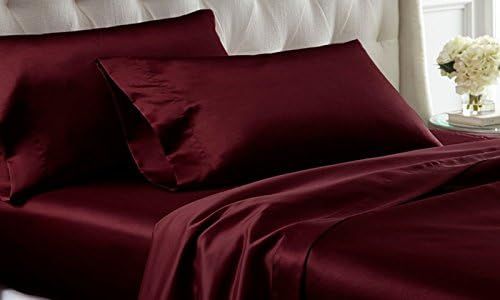 Twin XL Size 4-Piece Sheet Set Premium 30 Momme Mulberry Silk Bed Sheets Set Fits 23-26" Deep Pocket (Solid, Wine)