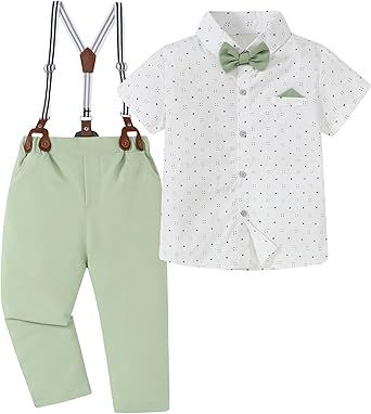 DISAUR Boy Suits Boys Wedding Outfit Dress Shirt with Bowtie/Suspender Pants for Formal Occasion 6-10 Years
