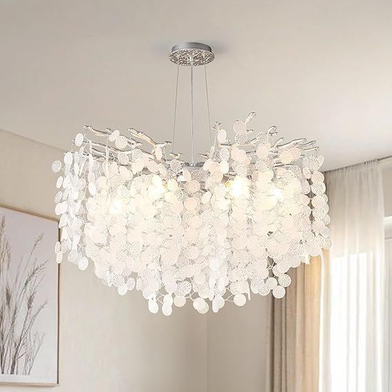 24-Inch Modern Coastal Chandelier, 8-Light Capiz Shell Chandelier for Dining Room, Silver Crystal Light Fixtures for Bedroom Living Room Foyer Kitchen Island Entryway Stairwell, E12