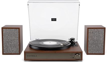 Victrola Harmony – Bluetooth Turntable System– 3-Speed Vinyl Record Player, Stereo Bookshelf Speakers, Mid-Century Modern Design, Audio Technica ATN3600L, Bluetooth Input and Output (Walnut)