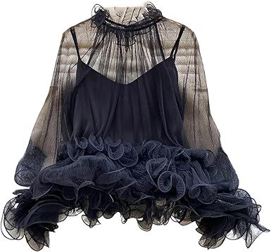 Women's Mesh Pleated Ruffle Tank Top French Style Layering Camisole Sets