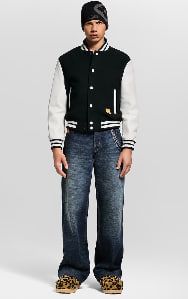 Leather Varsity Jacket with Logo Pattern