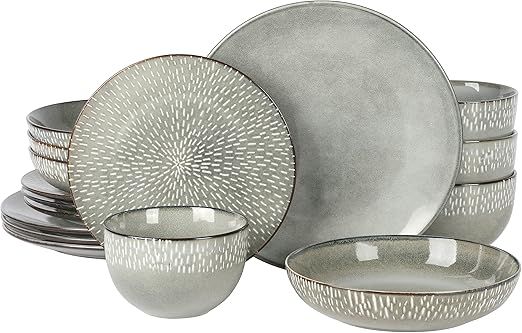 Gibson Elite Matisse 16-Piece Double Bowl Dinnerware Set, Service for 4 – Green Stoneware Plates and Bowls
