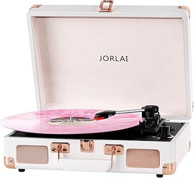 3-Speed Vinyl Record Player Turntable Portable Suitcase with Bluetooth, Rechargeable Battery, Aux/RCA/Headphone Jacks, Compact Retro Design for Vinyl Lovers