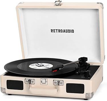 Vinyl Record Player Bluetooth Vintage Portable Suitcase Turntable with Built-in Speakers 3-Speed Belt-Driven Record Player Support RCA Output and Headphone Output (Warm White)