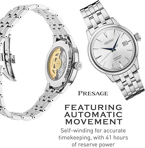 SEIKO SRPB77 Automatic Watch for Men - Presage Cocktail Time - Patterned Silver Dial with Gloss Finish, Date Calendar, 50m Water-Resistant