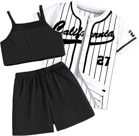 Hilinker Girls Graphic 3 Piece Outfits Short Sleeve Striped Cardigan and Crop Cami with Shorts Set