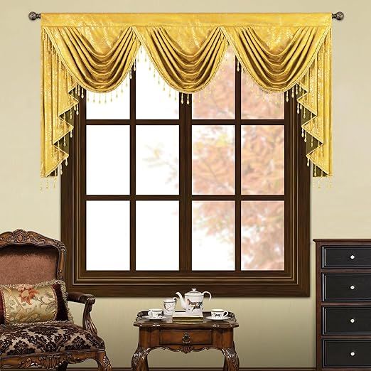 VOGOL Retro Velvet Waterfall Valance, Ornate European Swag Valances with Beaded Tassels, Light Filtering Window Treatment for Living Room, W79, 1 Panel, Yellow