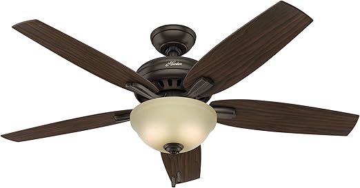 Hunter 52 inch Indoor Ceiling Fan with LED Light - Bronze Ceiling Fan with Pull Chain, For Bedroom or Living Room, Standard Mount, No Remote, 5 Blades, Includes Bulbs - Newsome 53311, Premier Bronze