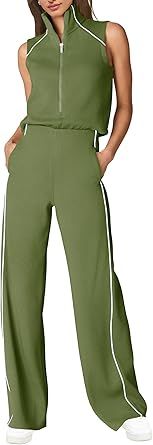 SENSERISE Womens Summer Jumpsuits Dressy Casual Sleeveless Mock Neck Top Wide Leg Pants Romper with Pockets