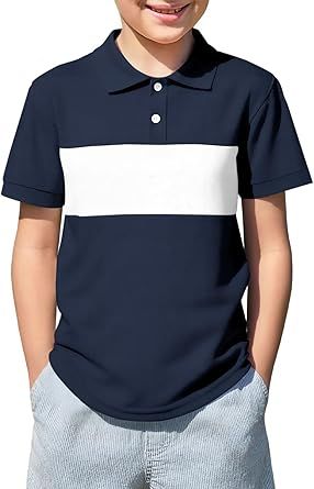 About this item  •   Premium Material: Our boys' short sleeve polo shirts are crafted from soft and breathable fabric, ensuring all-day comfort and long-lasting durability for active little ones •   Stylish Design: Featuring a modern color block design, t
