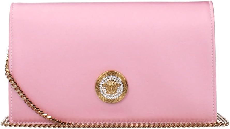Versace Medusa Women’s Pink Satin & Leather Clutch Bag – Small Evening Purse with Medusa Hardware, Flap Closure & Fabric Lining – Luxury Designer Handbag