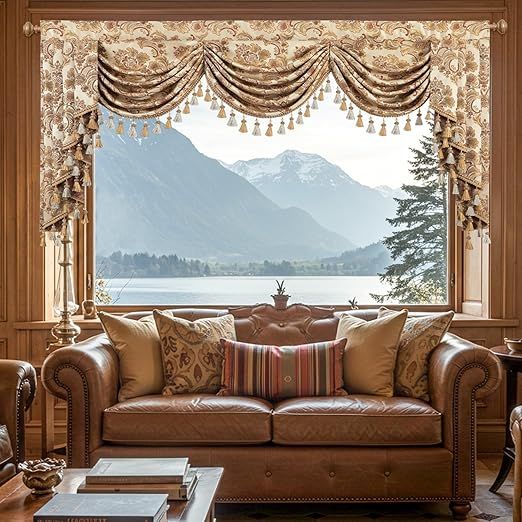 VOGOL Damask Jacquard Swag Valances for Windows, Vintage European Waterfall Valance for Living Room Bay Windows, Light Filtering Window Treatment for Farmhouse, Beige, 1 Panel, W79