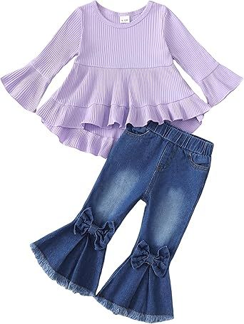 Kucnuzki Toddler Baby Girls Clothes Long Sleeve Shirt Top Flare Denim Jeans Cute Outfit Baby Girl Fall Winter Clothes