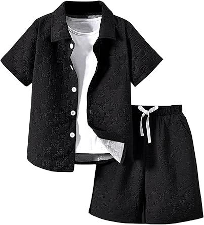 Boy's 2 Piece Beach Vacation Textured Linen Outfit Short Sleeve Button Down Shirt Top and Shorts Summer Set
